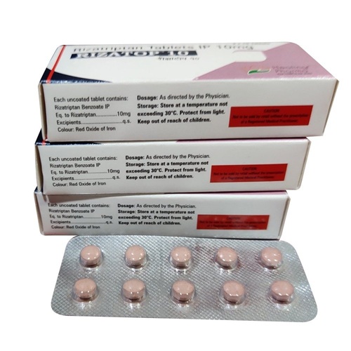 Rizatop 10 30 tablets stacked boxes with blister packs rizatriptan migraine relief medicine online pharmacy