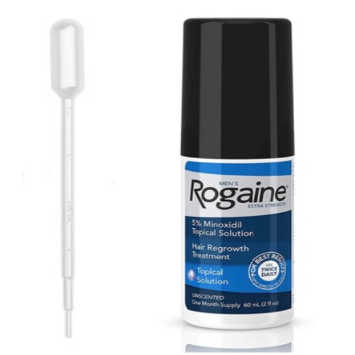 Rogaine 5% Solution 60ml bottle with applicator dropper, packaging and label clearly shown