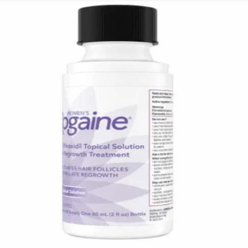 Rogaine Women’s 2% Solution 60ml single bottle close-up, packaging and label clearly shown