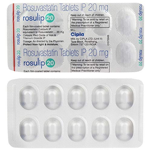 Rosulip 20mg (Rosuvastatin) 30 tablets blister strip close-up with foil details for hyperlipidemia and cardiovascular risk reduction treatment online pharmacy