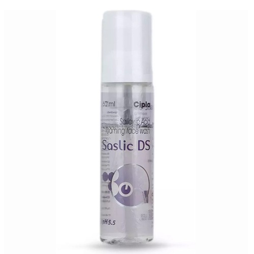 Saslic DS Foaming Face Wash 60ml bottle front view, salicylic acid oil control skincare
