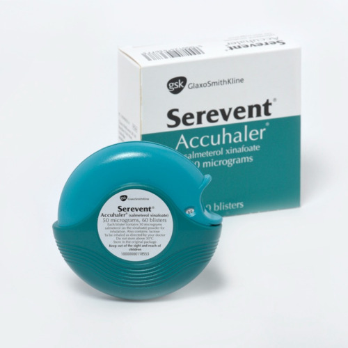 Serevent Accuhaler 60 capsules (Salmeterol) box packaging with green circular inhaler device