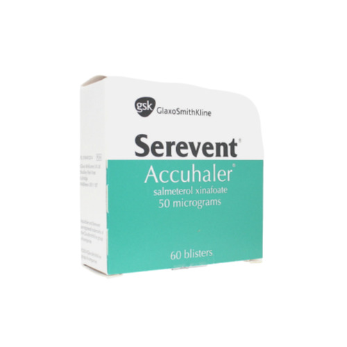 Serevent Accuhaler 60 capsules outer box packaging in white and green design
