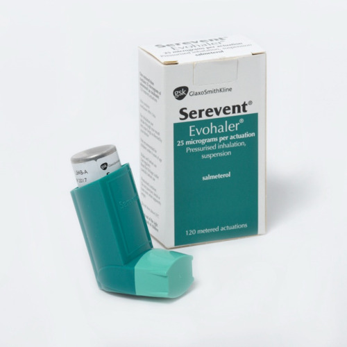 Serevent Evohaler 120 Mdi outer box with inhaler device for asthma and COPD management