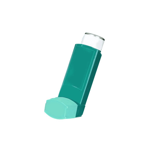 Teal-colored Serevent Evohaler 120 Mdi inhaler device standing upright without packaging