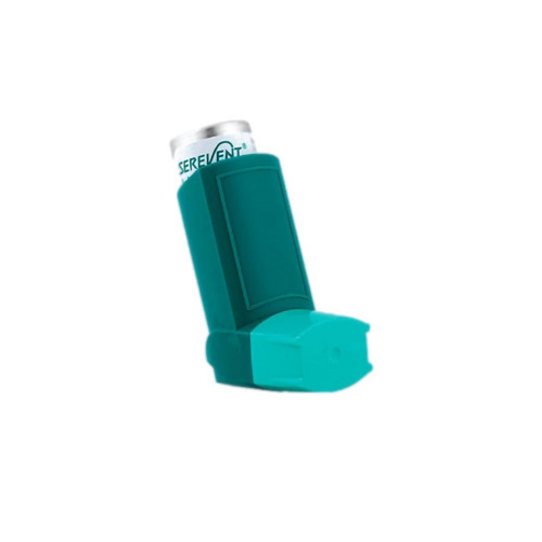 Close-up of Serevent Evohaler 120 Mdi inhaler showing mouthpiece and dosage counter