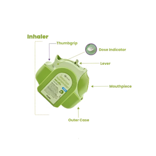 Seroflo 250 Ciphaler green inhaler device with usage diagram