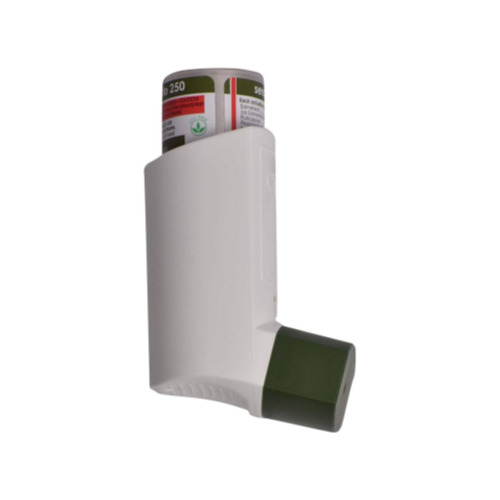 Seroflo 250 Inhaler 120 MDI white inhaler with green cap close-up