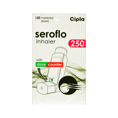 Seroflo 250 Inhaler Cipla branded carton packaging with inhaler illustration