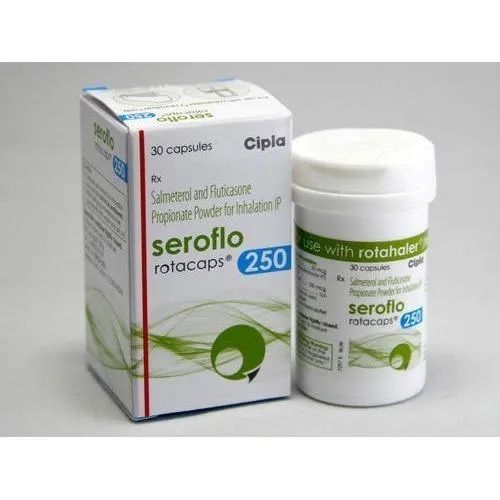 Seroflo 250 Rotacaps Cipla packaging with box and plastic bottle side by side