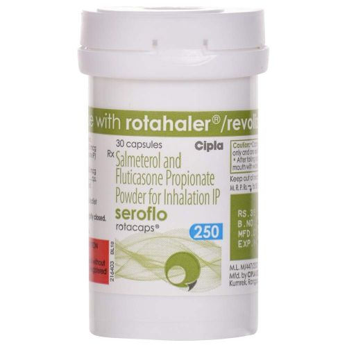 Seroflo 250 Rotacaps 30 capsules white plastic bottle with green label close-up
