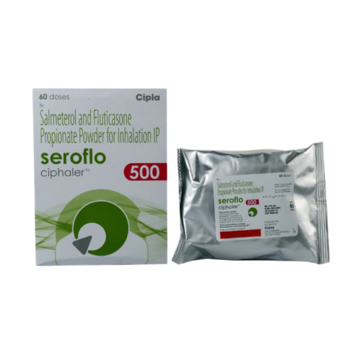 Seroflo 500 Ciphaler front box packaging with inhaler device