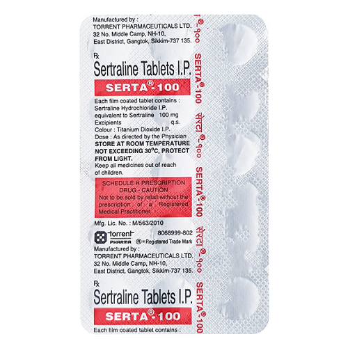 Blister pack of Serta 100mg showing dosage imprint and batch details