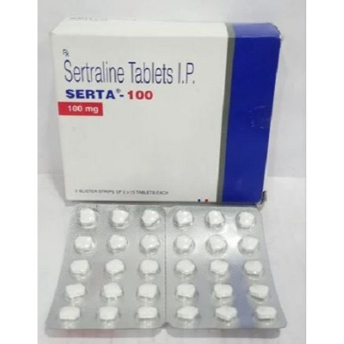 Serta 100mg outer carton with blister strips displayed for antidepressant treatment