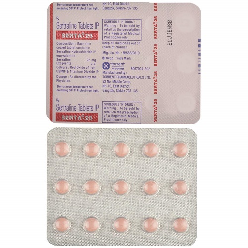 Serta 25 (Sertraline 25mg) Cipla carton with multiple blister strips of tablets