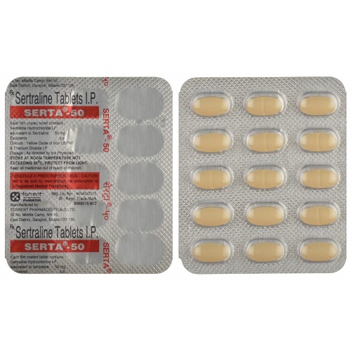 Close-up of Serta 50mg blister pack with dosage labeling and manufacturing details