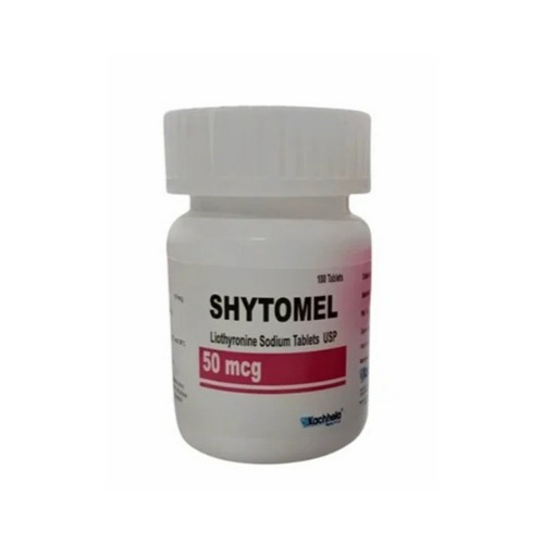 Shytomel 50 tablet bottle alone, close-up of label
