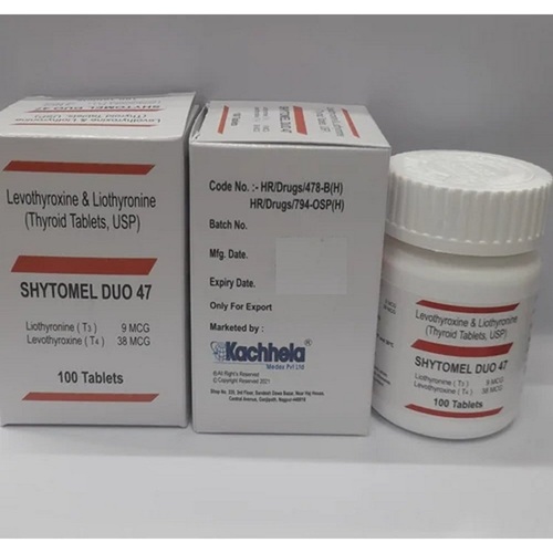 Shytomel Duo 47 bottle close-up beside box, label readable (100 TABLETS)