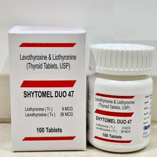 Shytomel Duo 47 box and bottle arranged flat, product name and packaging visible (100 TABLETS)
