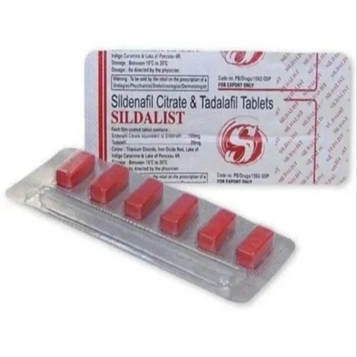Sidalist 120mg blister strip close-up, red tablets and printed label details visibl
