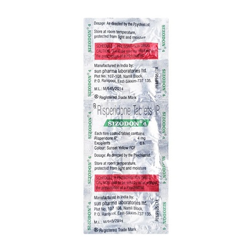 Sizodon 4mg tablets blister strip with dosage label and silver foil packaging