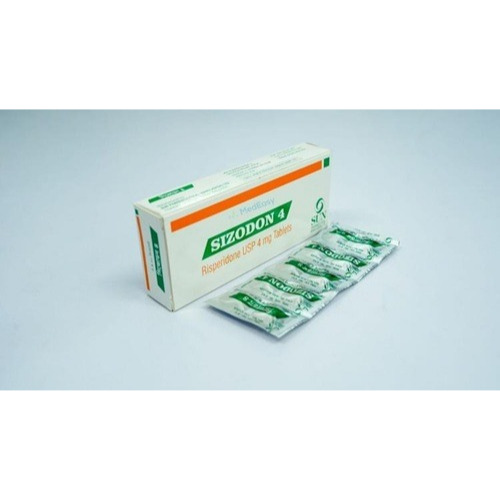 Sizodon 4mg 100 tablets outer box with multiple labeled blister sheets