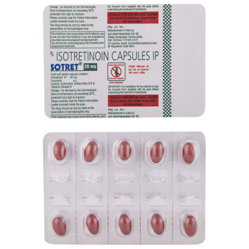 Sotret 20mg (Isotretinoin) silver blister pack showing 10 red capsules and printed backing
