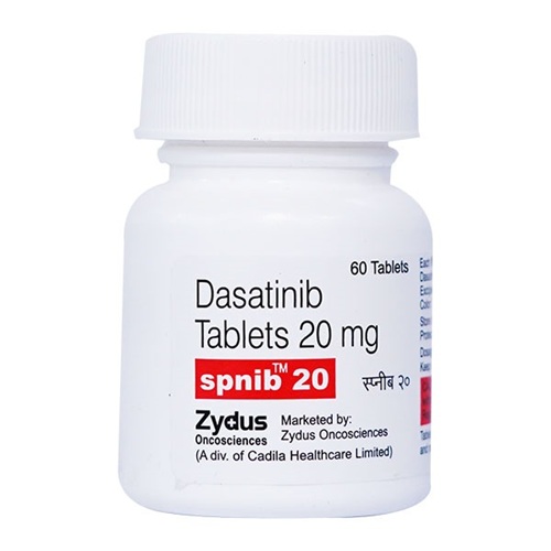 Dasatib 50 (Dasatinib) 50mg 60 tablets close-up white pill bottle with printed label for chronic myeloid leukemia medication online pharmacy