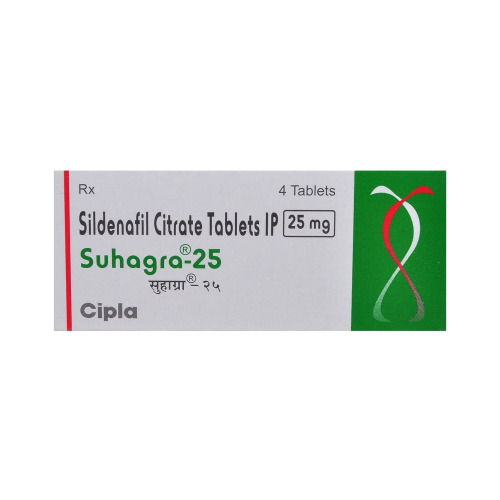 Suhagra 25mg (Sildenafil Citrate) Cipla branded green and white carton with blister strip