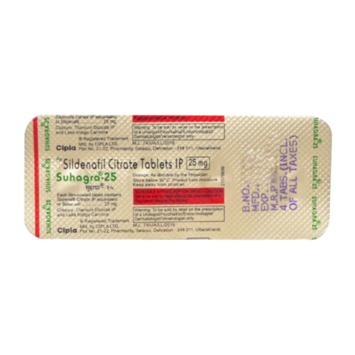 Suhagra 25mg (Sildenafil Citrate) horizontal foil blister pack with dosage details