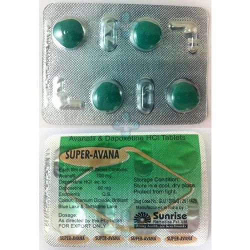 Super Avana strip containing 4 green round pills for ED and PE treatment