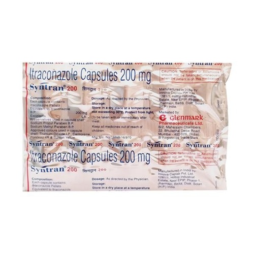Syntran 200 tranexamic acid blister packs front view, oral capsules for menorrhagia, dental procedures, and trauma-related bleeding management, supplied by trusted online pharmacy