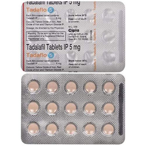 Tadaflo 5mg tadalafil tablets 30 count silver blister pack close-up with imprint