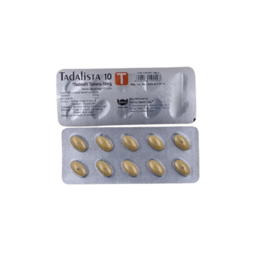 Single Tadalista 10mg blister strip close-up, yellow tablets and printed label visible