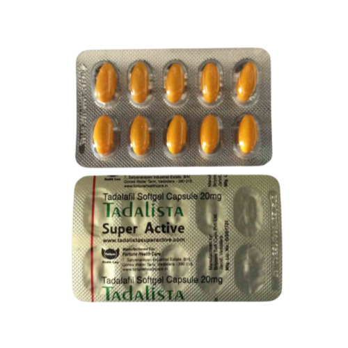 Tadalista Super Active 20mg tadalafil 100 capsules blister pack close-up showing orange softgels