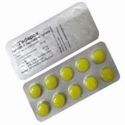 Tadapox 80mg blister strip close-up, yellow round tablets and printed foil details legible