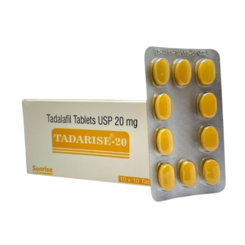 Tadarise 20mg box with blister strip standing upright, tablets and label visible