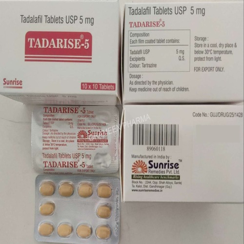 Tadarise 5mg multiple boxes with blister strips, packaging and dosage identifiable