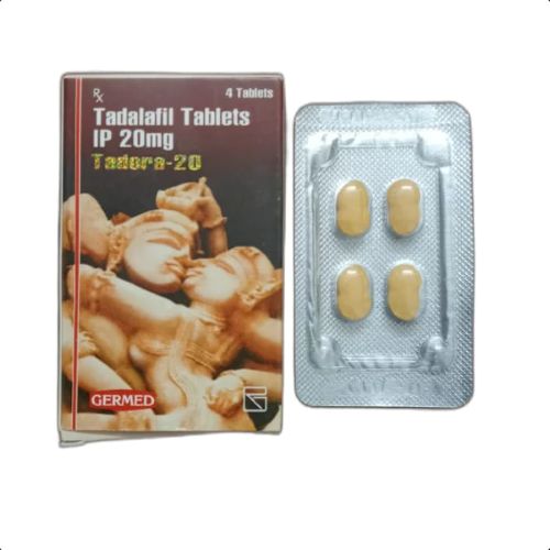 Tadora 20mg tadalafil 4 tablets blister pack close-up with branding