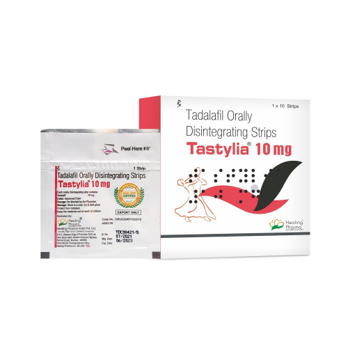 Tastylia 10mg ODS (Tadalafil) branded carton and silver sachet packs displayed together