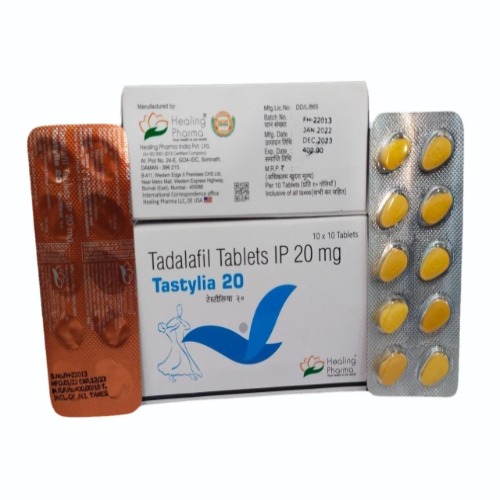 Close-up of yellow Tastylia 20 ED treatment tablets in blister packaging
