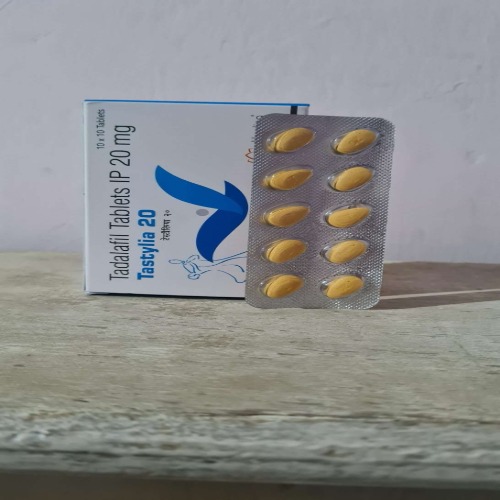 Tastylia 20 product box with strip of tadalafil tablets displayed