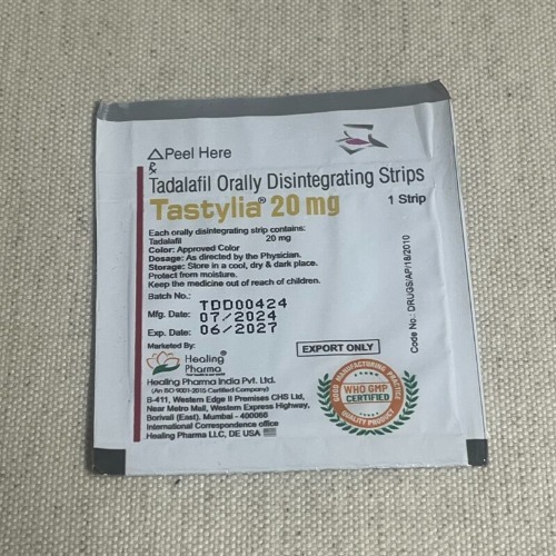 Tastylia 20mg ODS (Tadalafil) silver sachet pack with dosage details