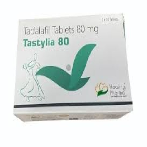 Tastylia 80mg (Tadalafil) branded carton and silver foil blister strips with yellow tablets