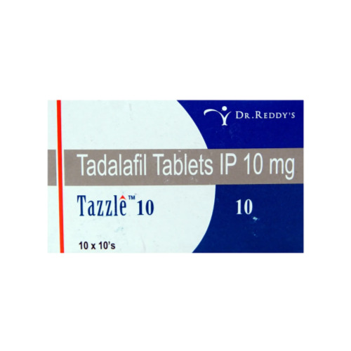 Tazzle 10mg (Tadalafil) branded Cipla box packaging with yellow tablets
