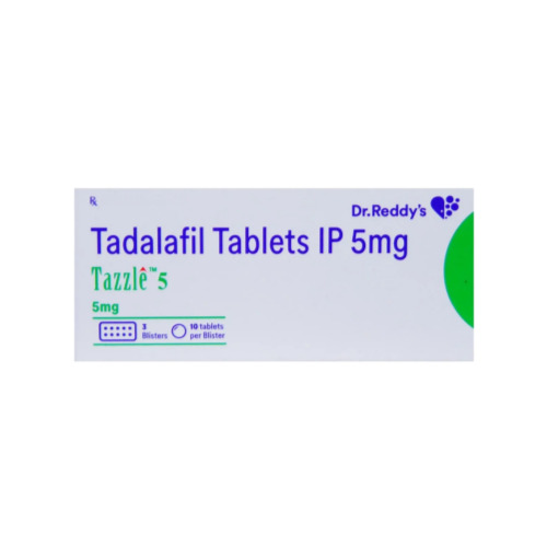 Tazzle 5mg tadalafil tablets 30 count front view box with branding and design