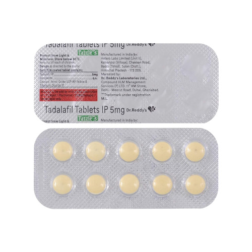 Tazzle 5mg tadalafil tablets 30 count silver blister pack close-up with pill engraving