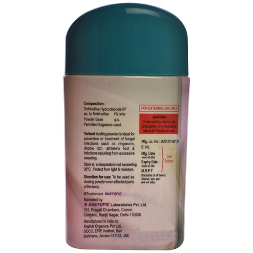 Terbest Dusting Powder bottle, rear label close-up showing ingredients and usage text