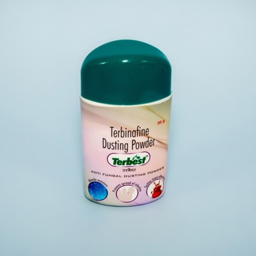 Terbest Dusting Powder 50g bottle on a light background, angled packaging shot
