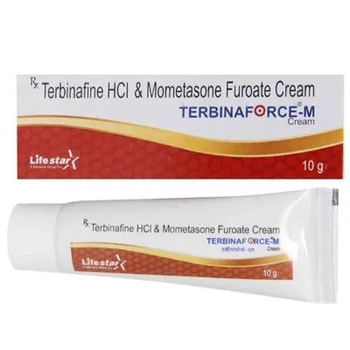 Terbinaforce-M cream tube and box laid flat, top-down packaging shot